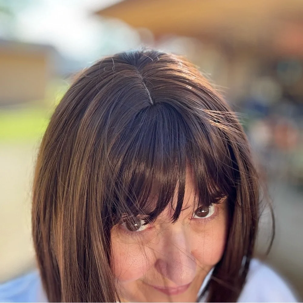 HUMAN HAIR TOPPER WIG LONG STRAIGHT BROWN CLIP IN GUC BANGS
